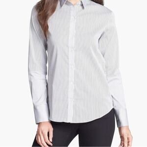 Theory Ress Button Up Shirt Size S Black White Stretch Cotton Stripe Top Career